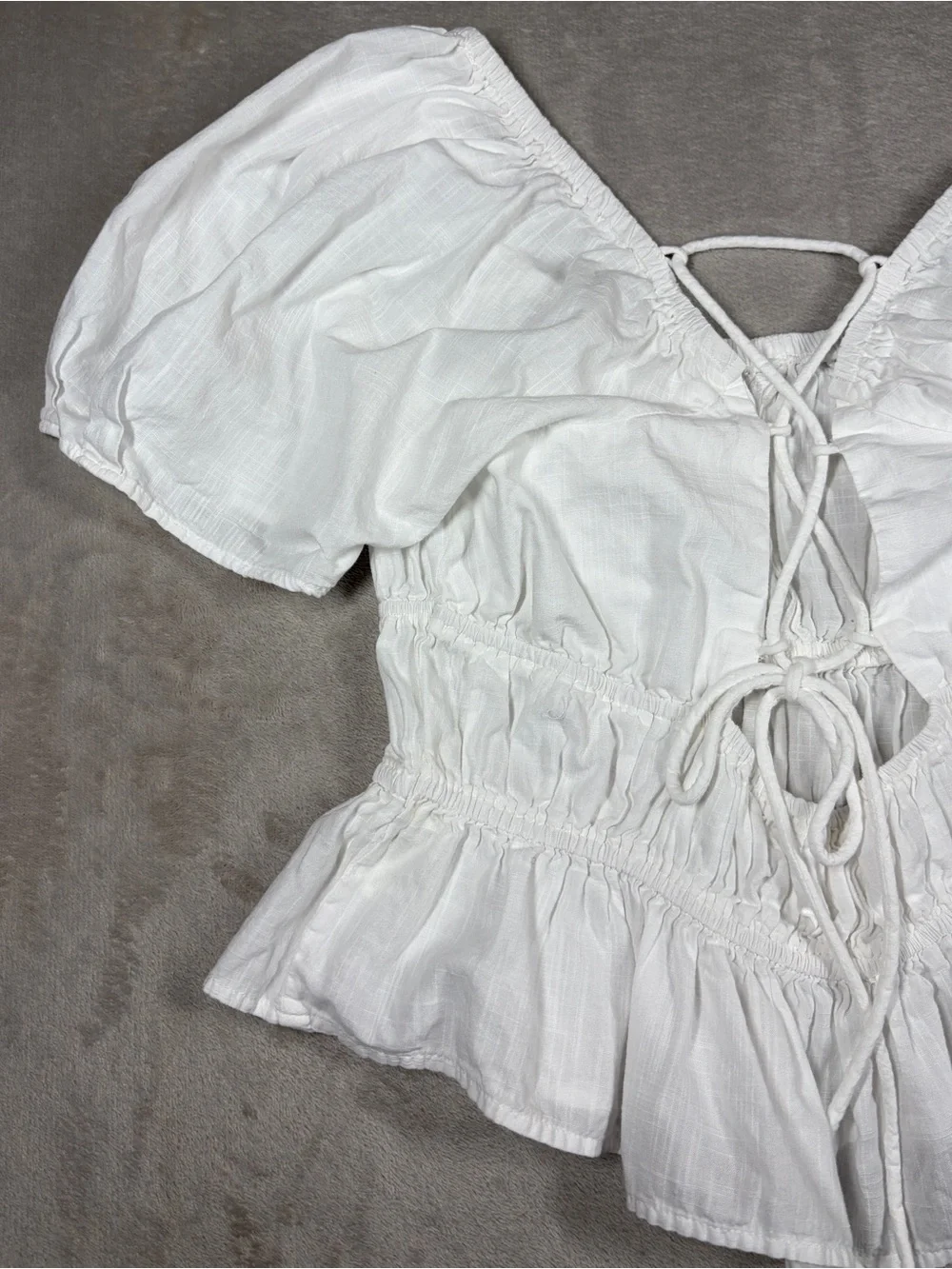Free People White 100% Cotton Cropped Puff Sleeve Lace Up Blouse Top Size Large